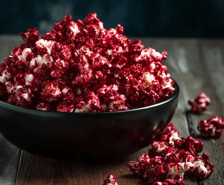 Bright red velvet popcorn topped with cream cheese drizzle, perfect for a spooky movie night snack.