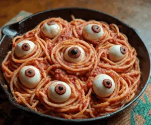 Bloody Spaghetti with Mozzarella Eyeballs
