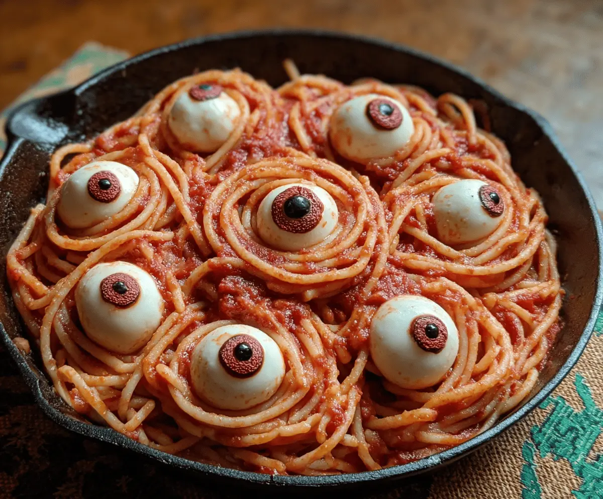 A spooky plate of Bloody Spaghetti topped with mozzarella balls resembling eyeballs, perfect for Halloween-themed meals.