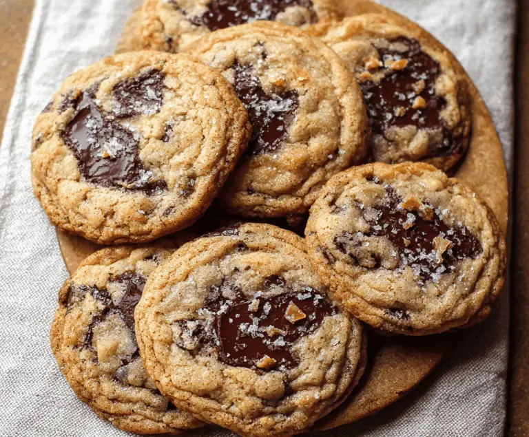 Golden-brown brown butter chocolate chip cookies with gooey chocolate chunks on a rustic wooden surface.