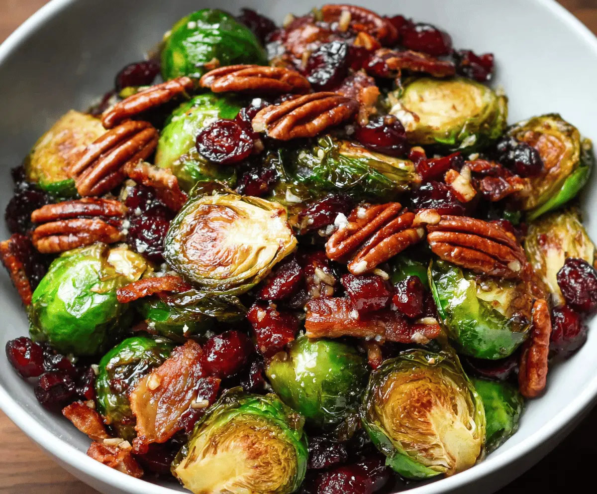 Delicious Brussels sprouts with crispy bacon, toasted pecans, sweet cranberries, and a drizzle of balsamic glaze, perfect for a flavorful side dish.