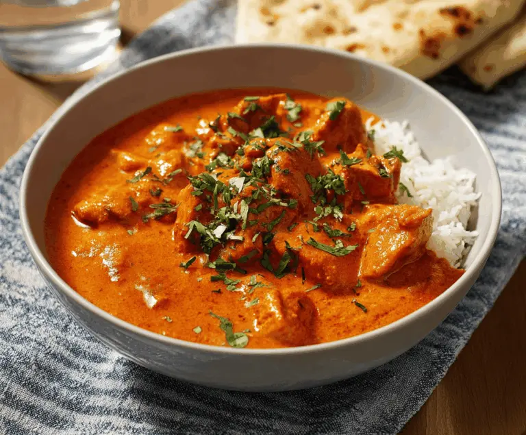 Creamy butter chicken served with naan bread and fresh cilantro on a white plate, showcasing a rich, flavorful Indian curry dish.