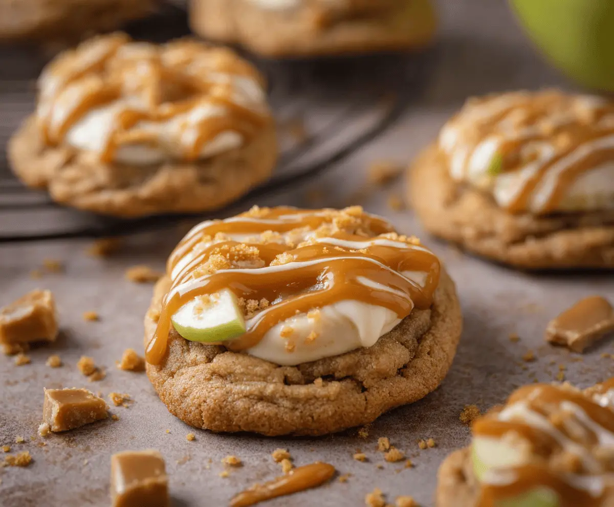 Delicious caramel apple cookies with a golden-brown crust and caramel drizzle, perfect for fall desserts.