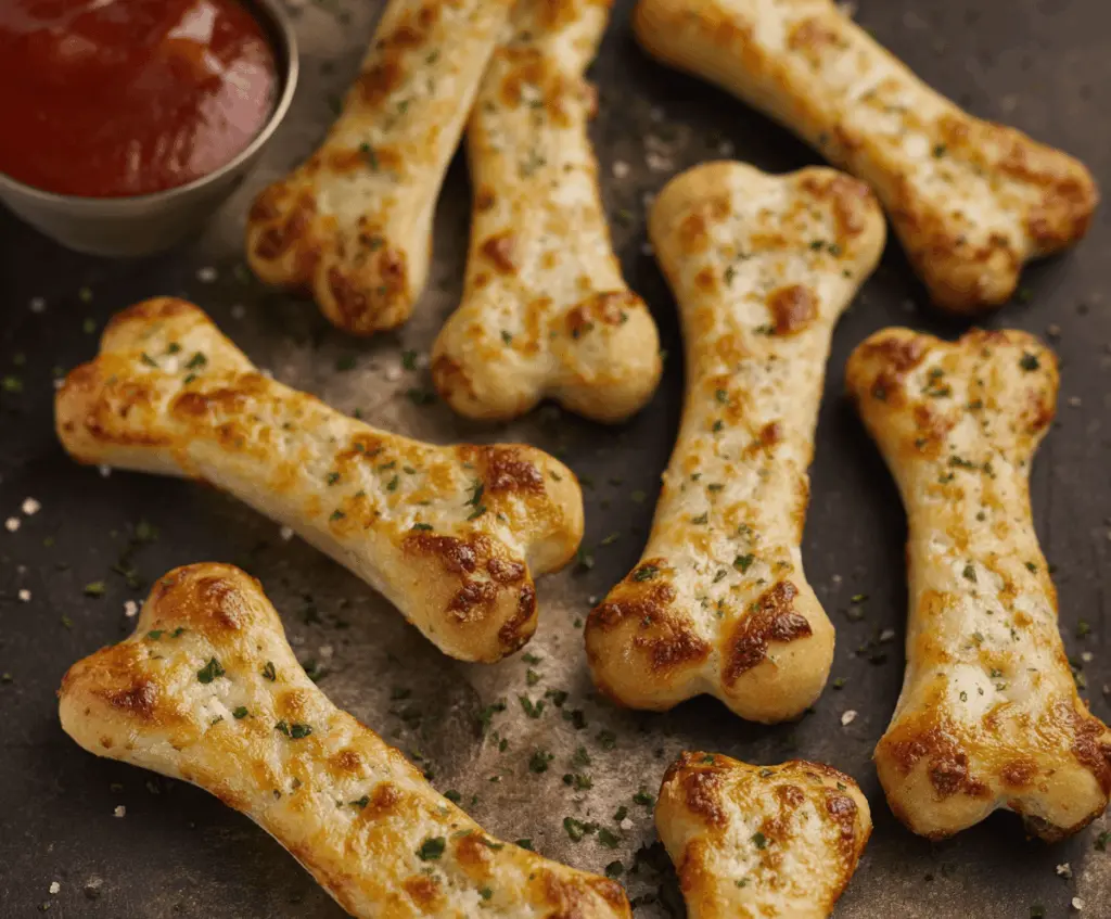Delicious cheesy breadstick bones with melted cheese and crispy edges, perfect for sharing as a savory appetizer or snack.