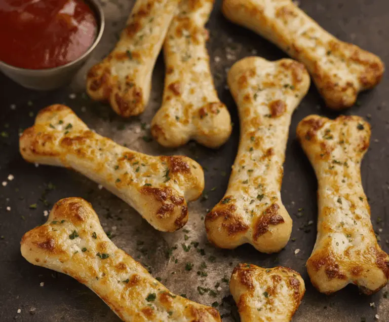 Delicious cheesy breadstick bones with melted cheese and crispy edges, perfect for sharing as a savory appetizer or snack.