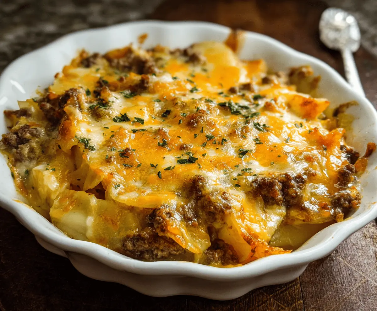 Delicious cheesy ground beef and potato casserole topped with melted cheese and fresh herbs, perfect for a comforting family meal