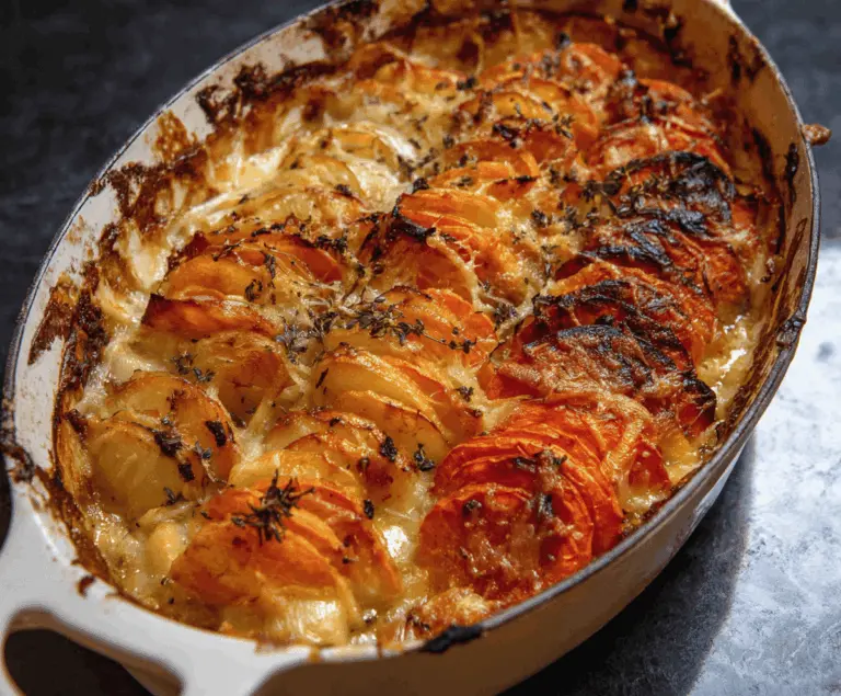 Delicious cheesy root vegetable gratin featuring layers of sliced carrots, parsnips, and potatoes topped with melted golden cheese, served in a baking dish.