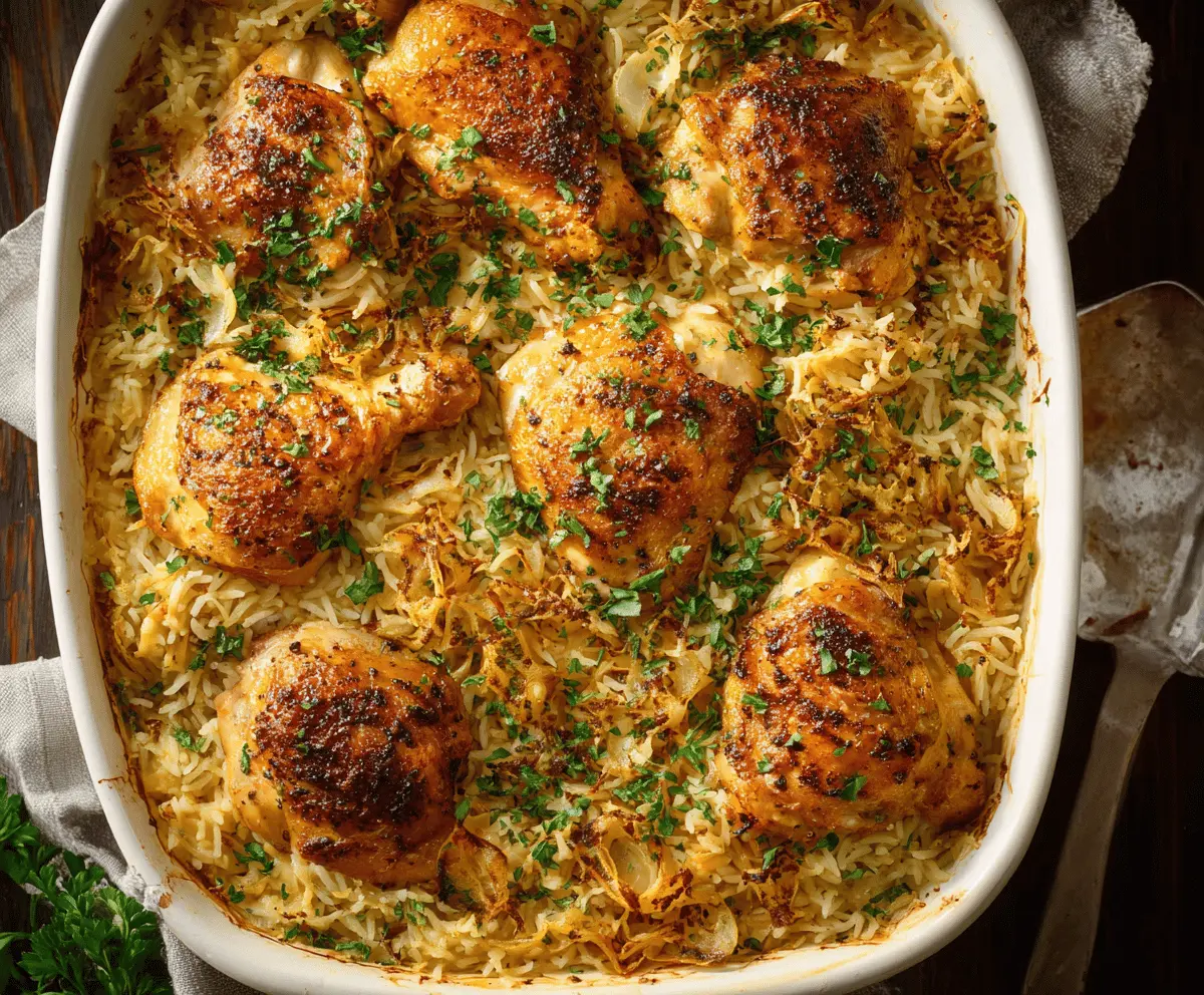 Delicious baked chicken and rice casserole topped with melted cheese and fresh herbs on a rustic plate