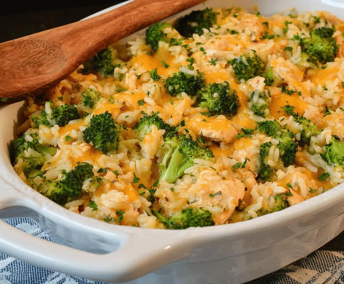Delicious Chicken Broccoli Rice Casserole topped with melted cheese and fresh herbs, perfect for a comforting family dinner.