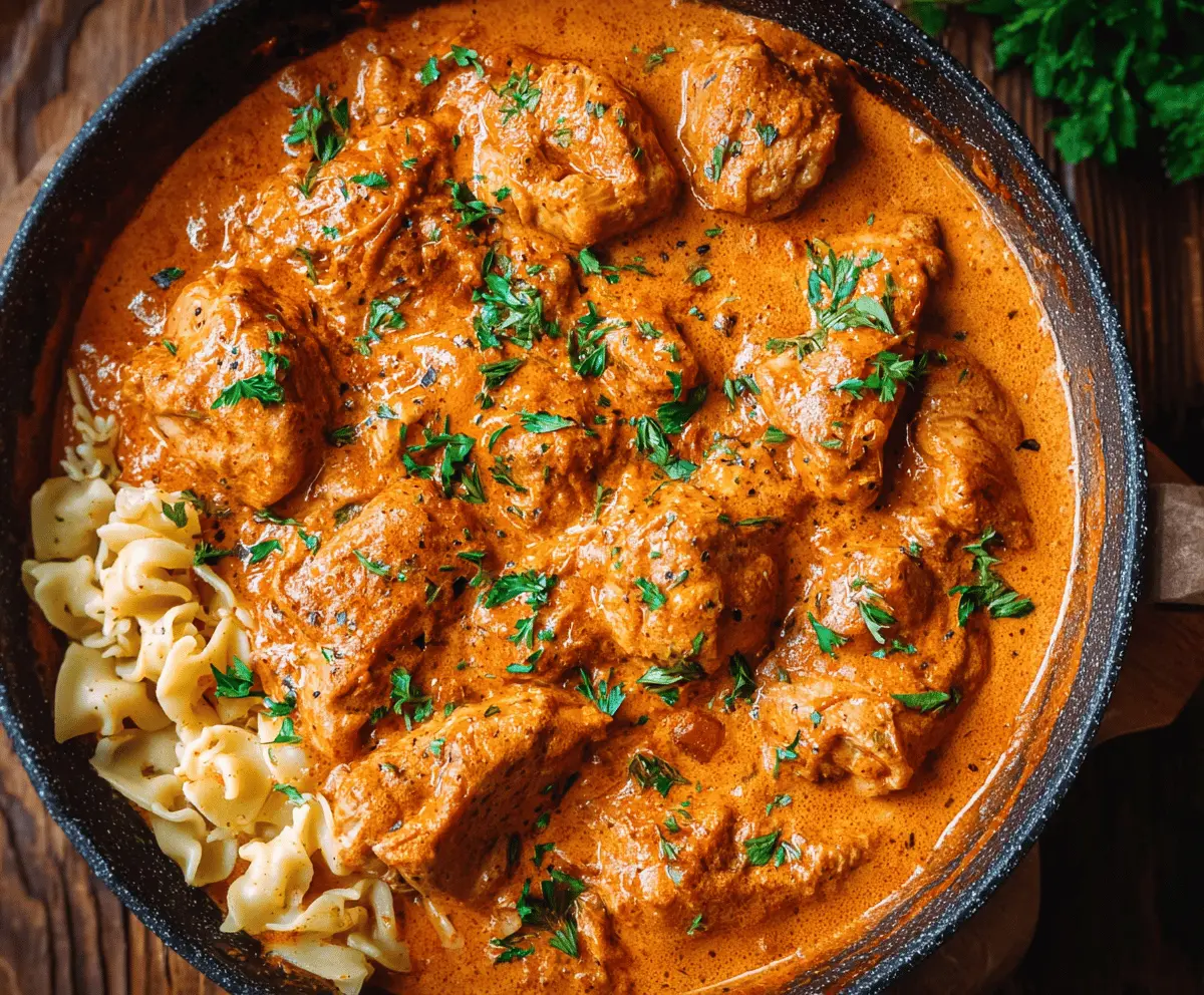 Creamy Chicken Paprikash served with vibrant red paprika sauce and garnished with fresh herbs on a rustic plate.