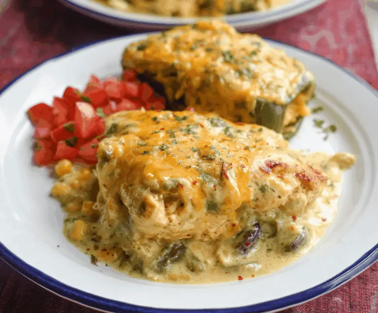 Delicious Chicken Poblano Casserole topped with creamy sauce and melted cheese, served hot in a baking dish