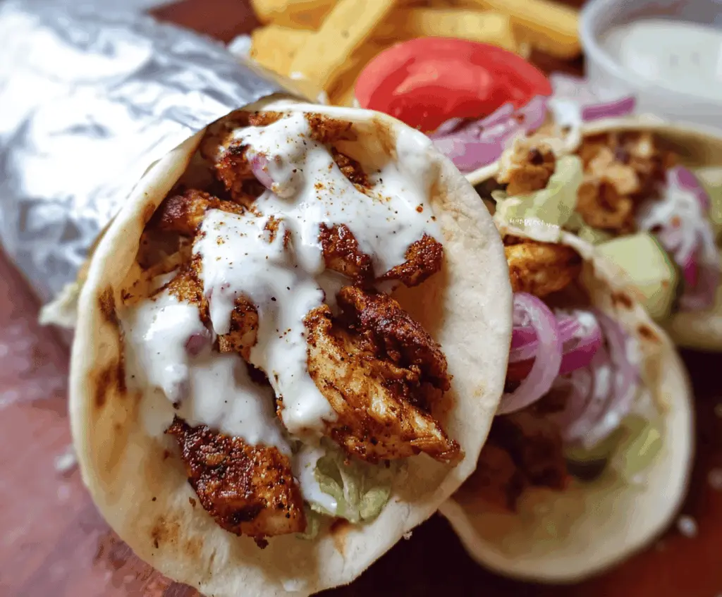 Delicious Chicken Shawarma topped with creamy garlic sauce served with fresh vegetables on a white plate.