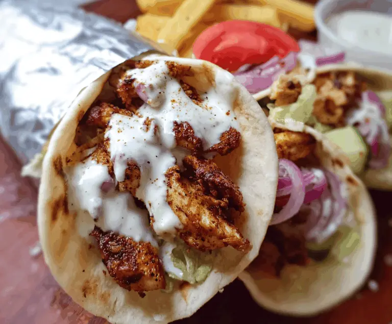 Delicious Chicken Shawarma topped with creamy garlic sauce served with fresh vegetables on a white plate.