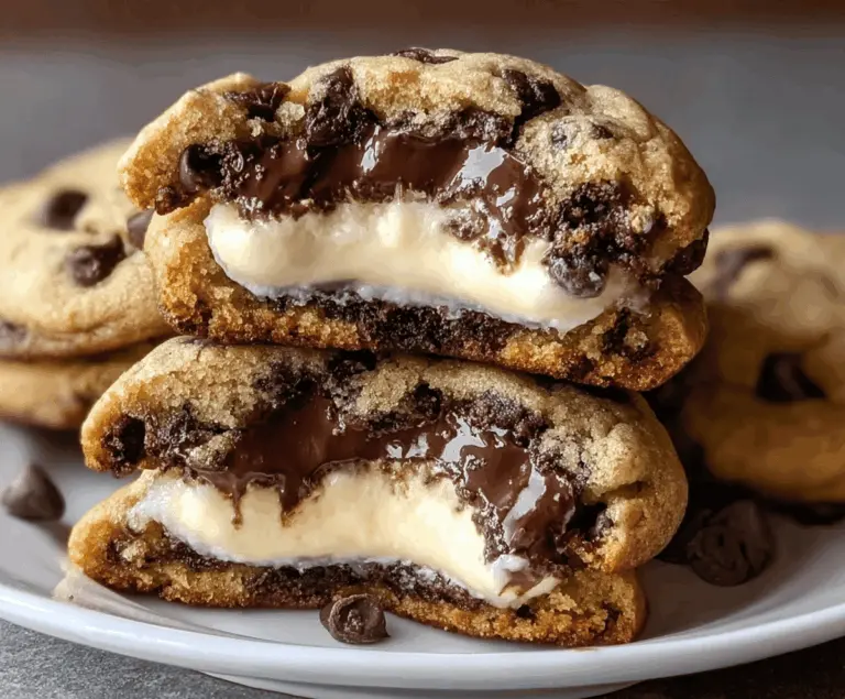 Delicious chocolate chip cookies filled with creamy cheesecake filling, perfect for satisfying your sweet tooth