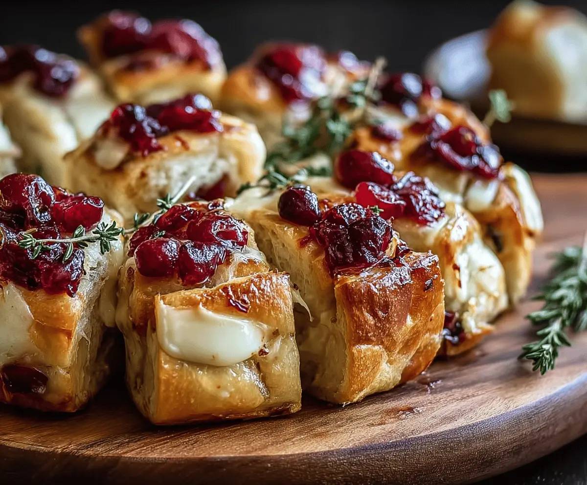 Delicious Cranberry Brie Pull-Apart Bread Bites topped with fresh cranberries and melted Brie cheese