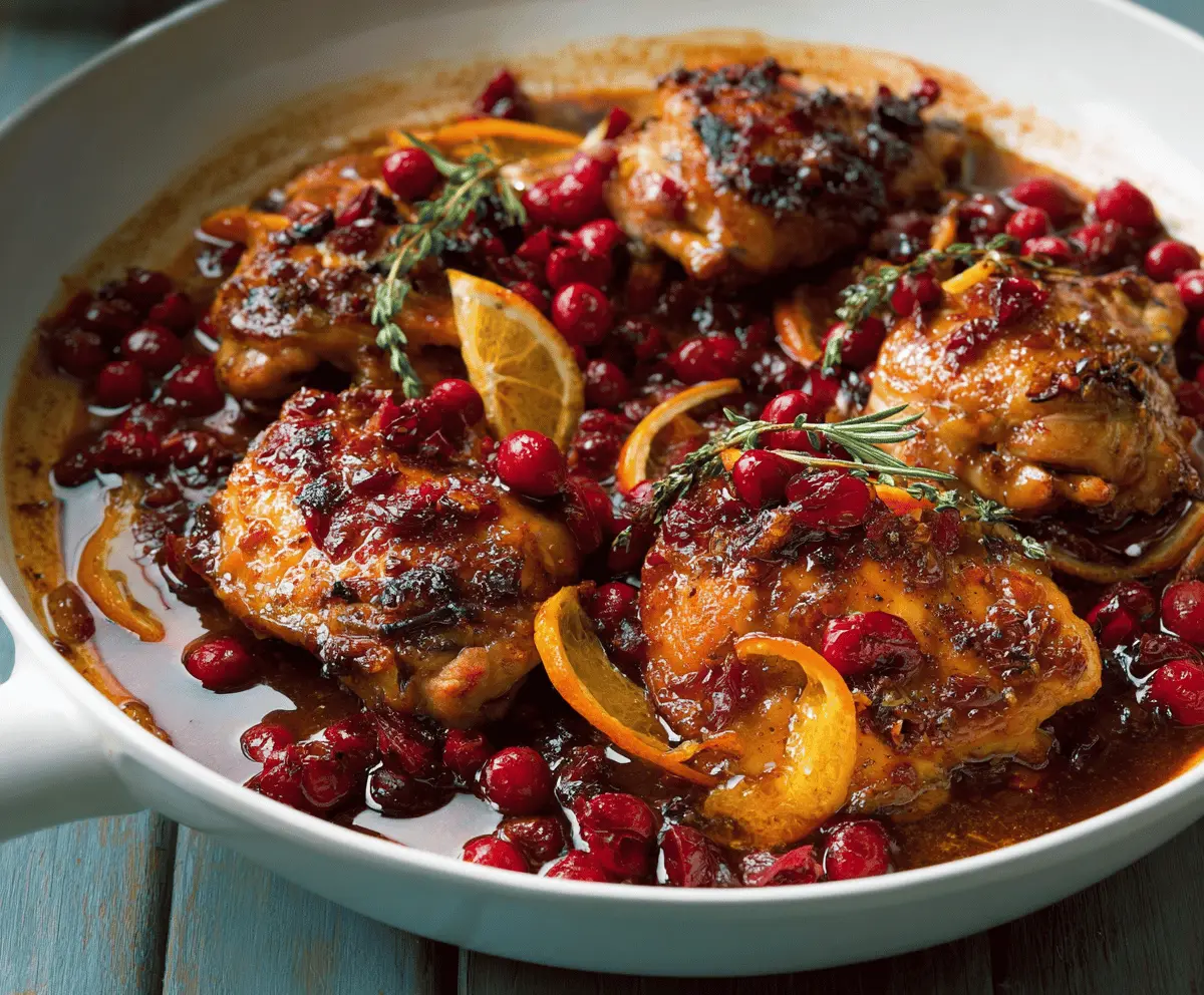 Juicy baked cranberry orange chicken garnished with fresh herbs on a white plate, perfect for a festive holiday meal.