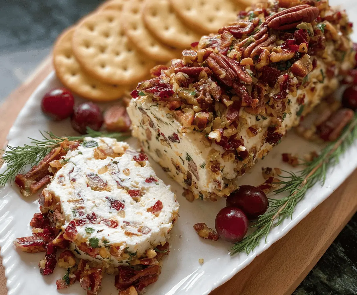 Cranberry Pecan Cheese Log served on a platter, garnished with fresh cranberries and chopped pecans, perfect for holiday appetizers.
