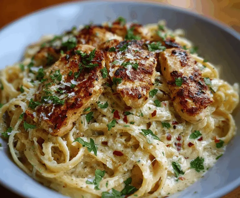 Creamy garlic Parmesan chicken pasta served on a white plate with garnished herbs and melted cheese topping.