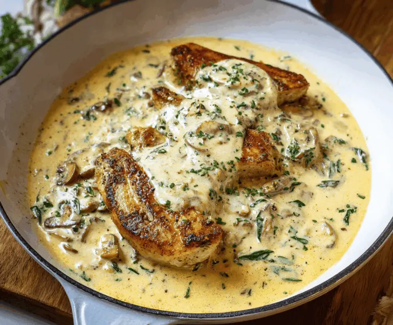 Creamy garlic pork chops served on a plate with herbs, featuring tender, juicy pork topped with rich garlic sauce