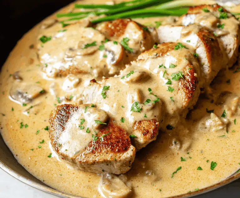 Creamy pork tenderloin served with a rich, flavorful sauce and garnished with fresh herbs on a white plate.