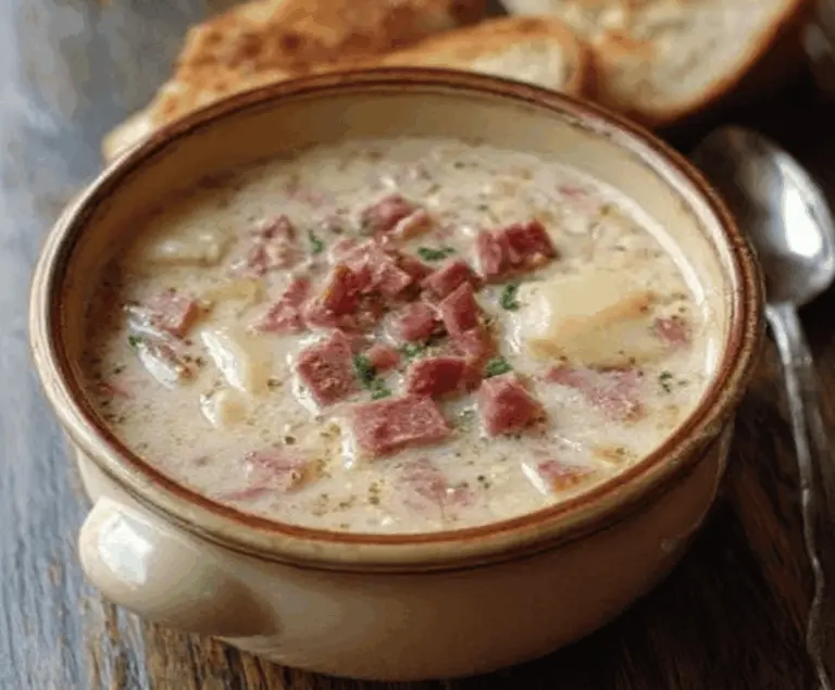 A bowl of creamy Reuben soup topped with melted cheese, corned beef, sauerkraut, and fresh herbs, served with bread on the side.