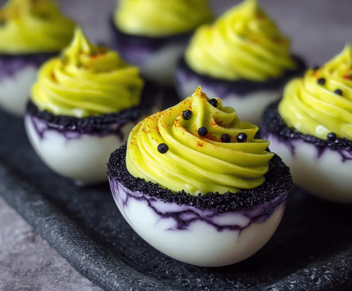 Spooky Creepy Deviled Eggs decorated with frightening Halloween-themed toppings for a creepy appetizer display