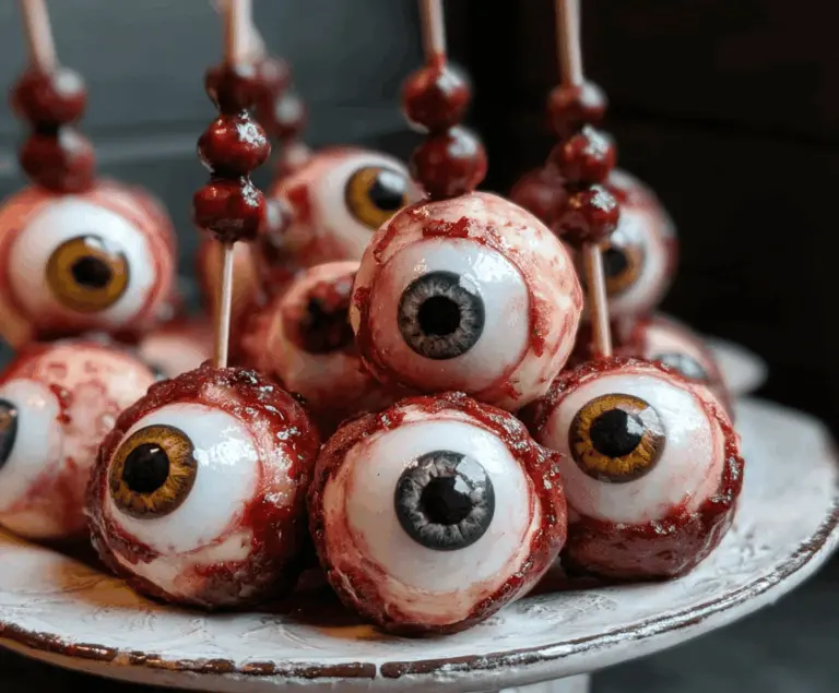 Close-up of creepy eyeball bites with spooky green filling and realistic eyeball toppings, perfect for Halloween treats.