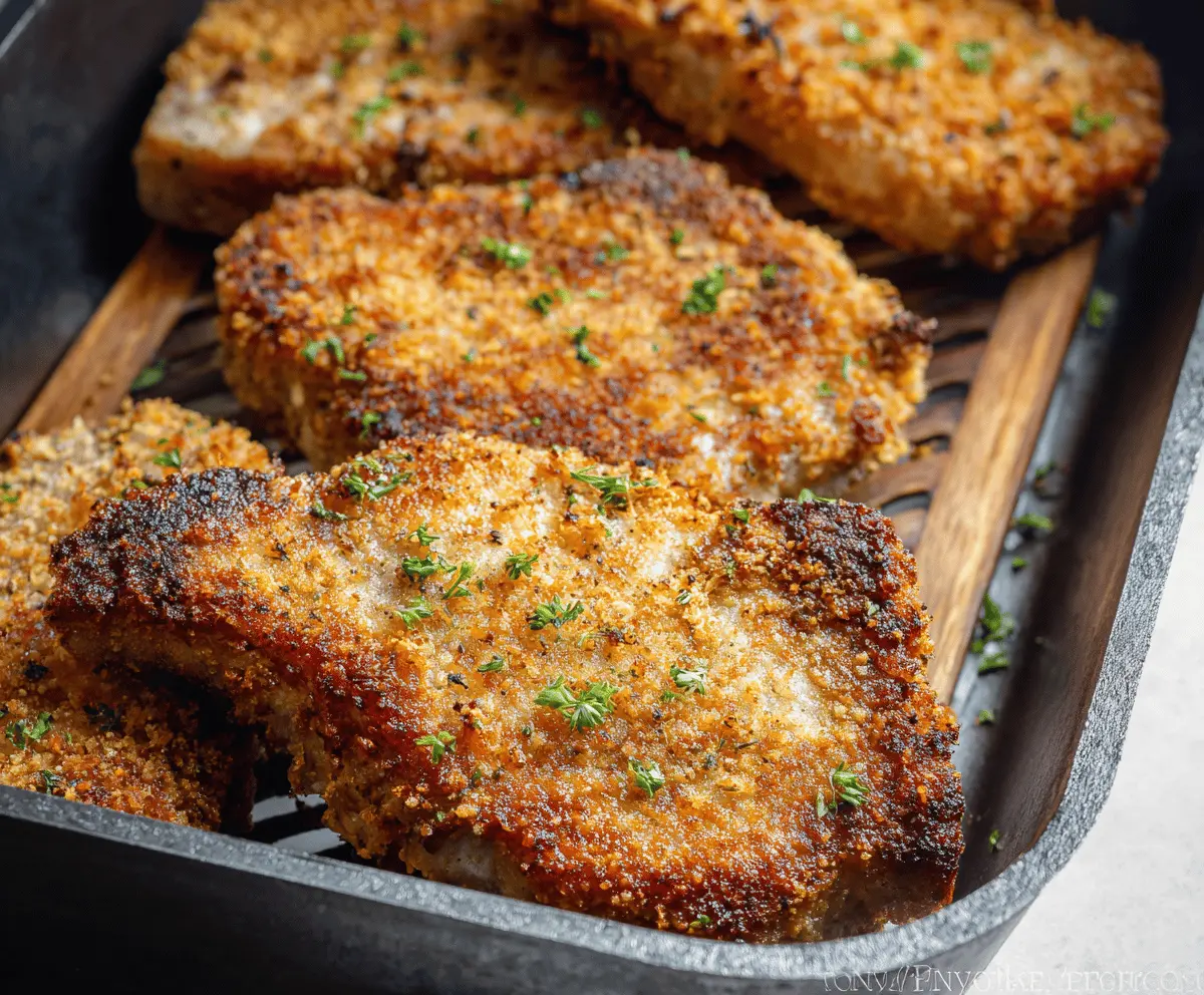 Golden crispy air fryer pork chops served on a plate, garnished with herbs, ready to enjoy