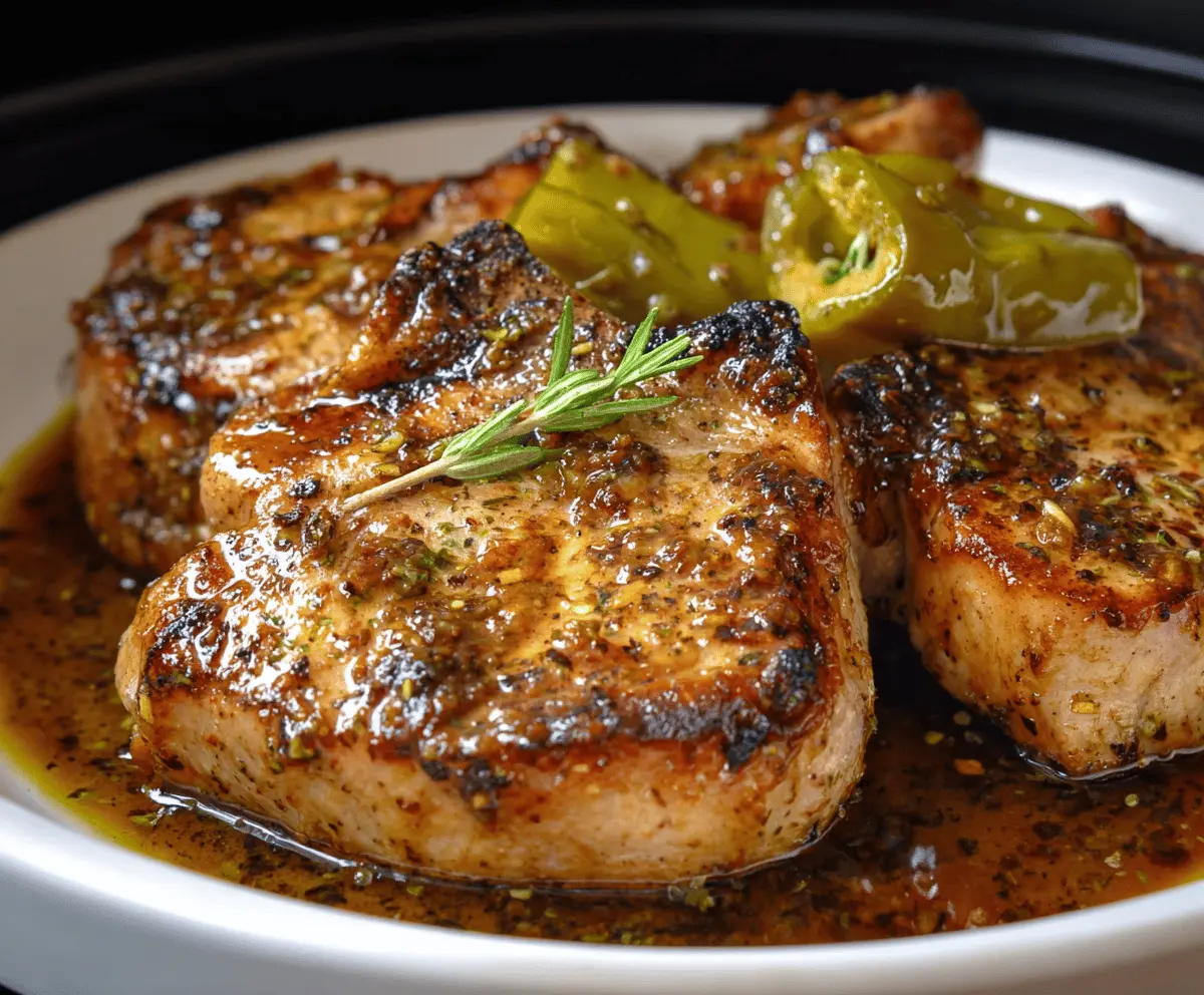Juicy Crock Pot Mississippi Pork Chops with savory gravy and tender vegetables served on a plate