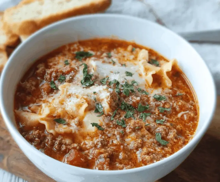 Delicious crockpot lasagna soup with layers of melted cheese, pasta, and flavorful herbs in a comforting bowl
