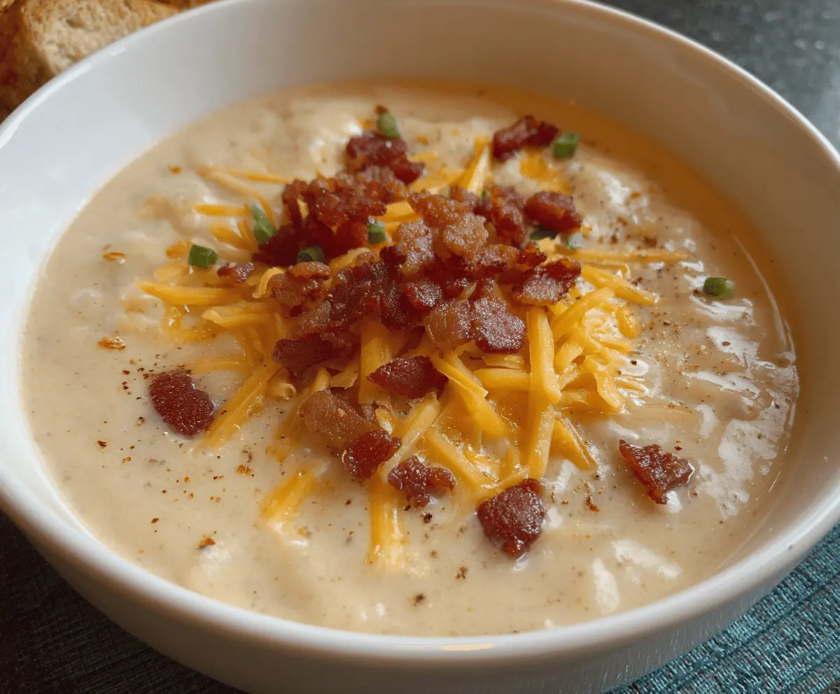Creamy crockpot loaded baked potato soup topped with shredded cheese, bacon bits, and chopped green onions in a bowl.