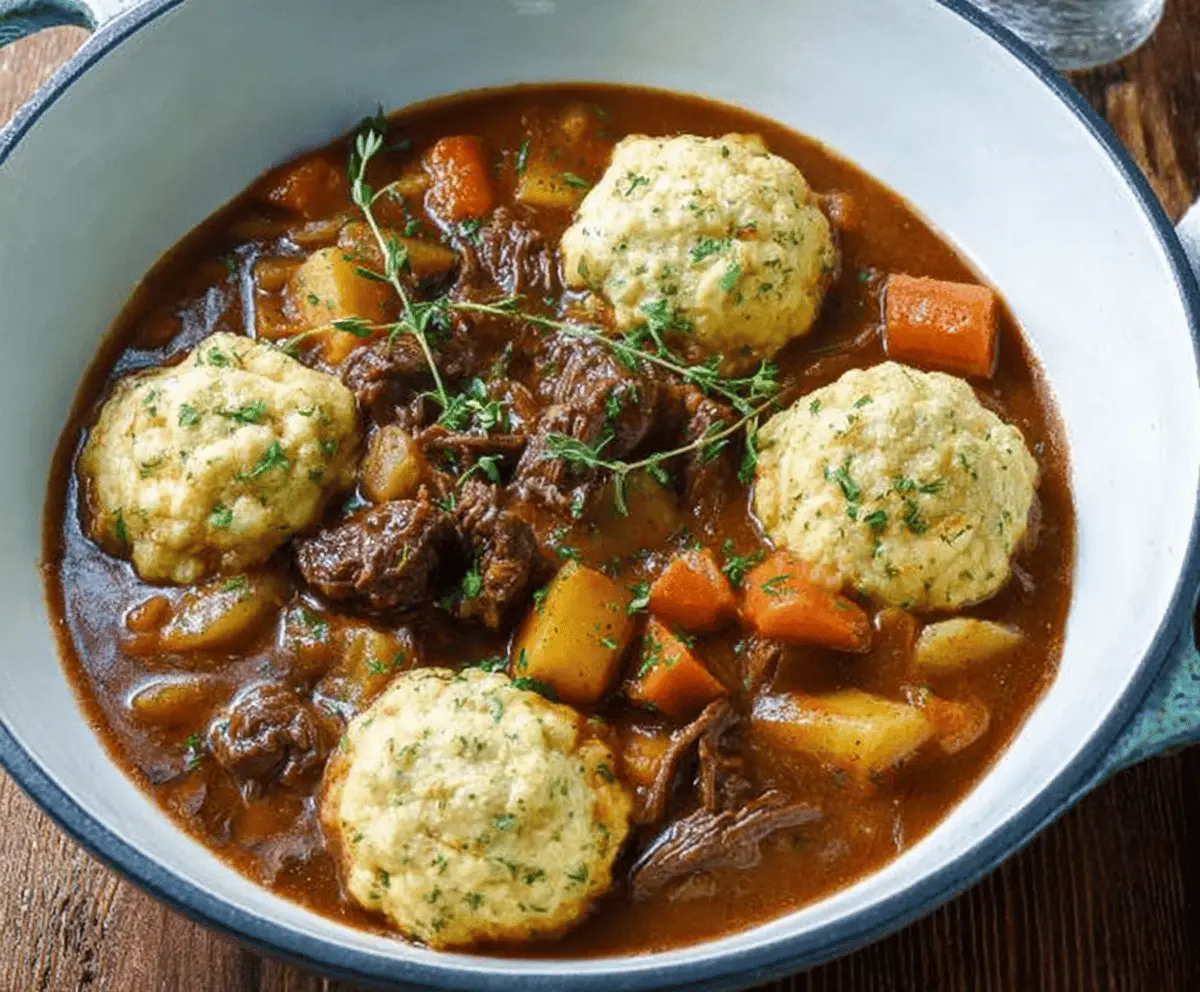Hearty beef stew with tender beef chunks, vegetables, and fluffy dumplings served in a rustic bowl