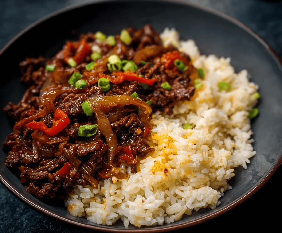 Savory chilli beef served with fluffy rice, garnished with fresh herbs in a delicious and colorful dish