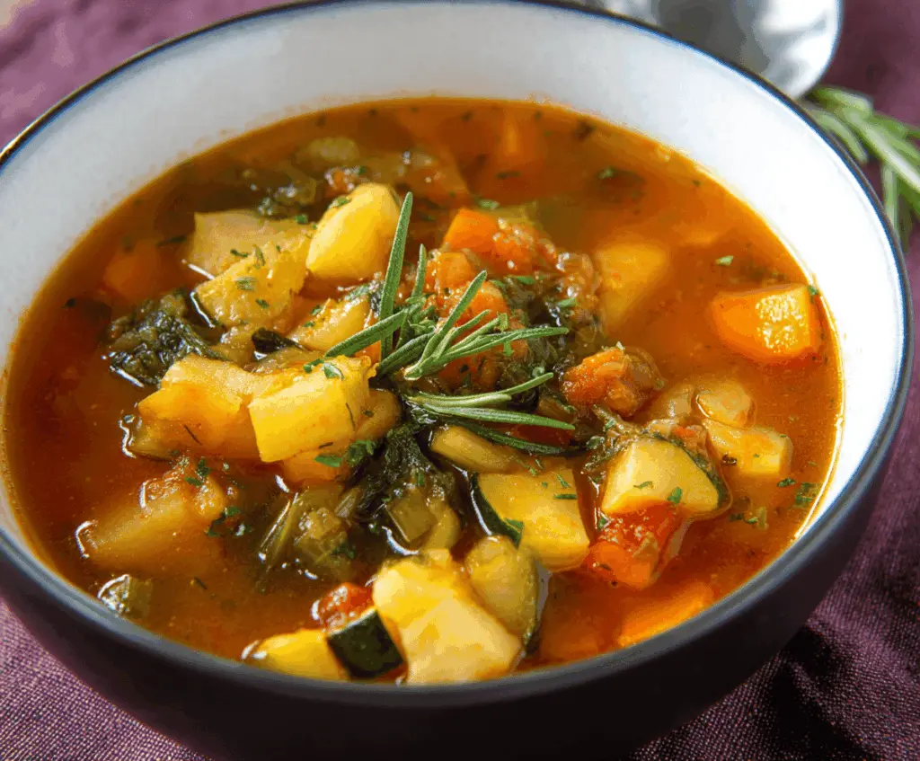 A steaming bowl of Fall Harvest Vegetable Soup featuring colorful seasonal vegetables like pumpkins, carrots, celery, and kale, perfect for autumn comfort food.