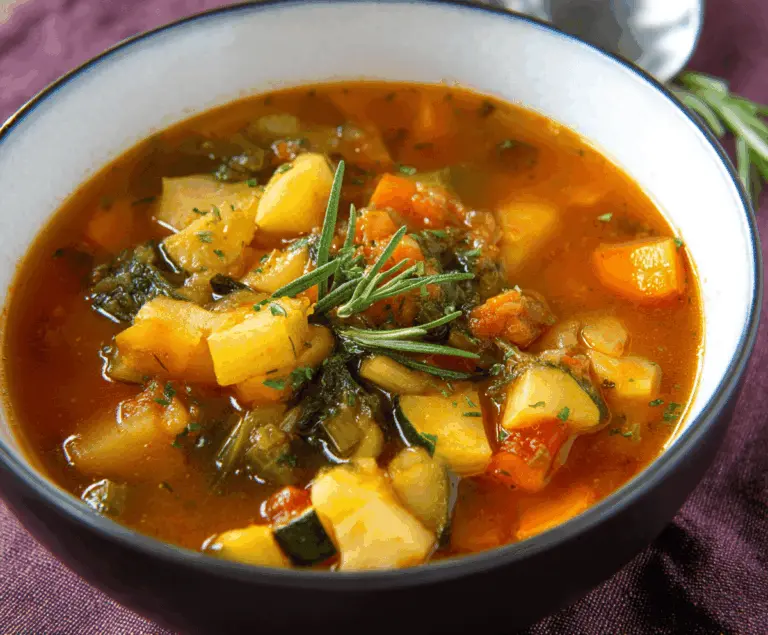 A steaming bowl of Fall Harvest Vegetable Soup featuring colorful seasonal vegetables like pumpkins, carrots, celery, and kale, perfect for autumn comfort food.