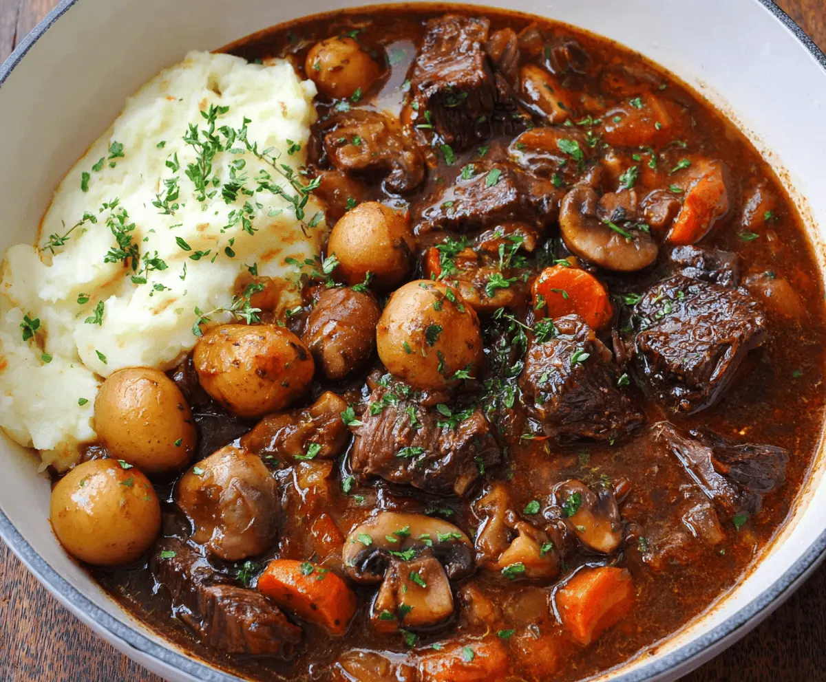 Delicious French Beef Bourguignon in a rustic pot with tender beef chunks, mushrooms, carrots, and herbs, ready to serve
