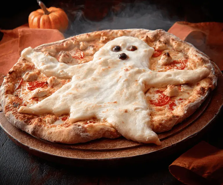 A spooky ghost-shaped pizza topped with melted cheese and pepperoni, perfect for Halloween themed parties.