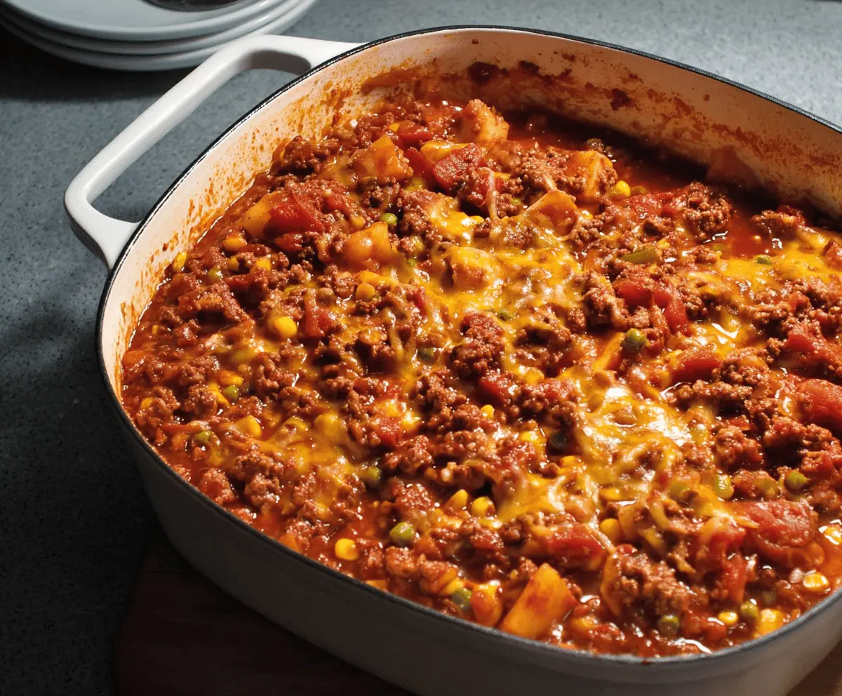 A hearty bowl of Grandma's Ground Beef Stew featuring tender ground beef, vegetables, and rich gravy served in a rustic bowl.