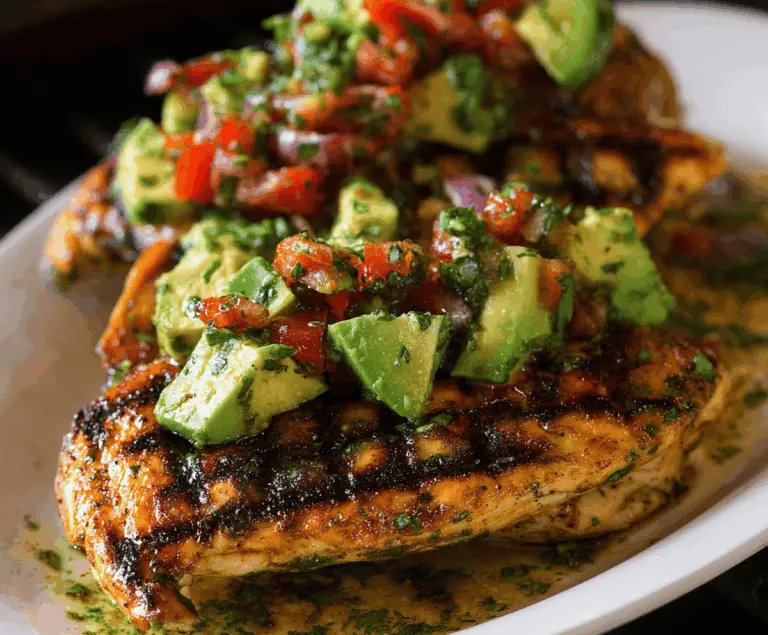 Delicious grilled chicken topped with creamy sliced avocado, served on a plate with fresh herbs and lemon wedges