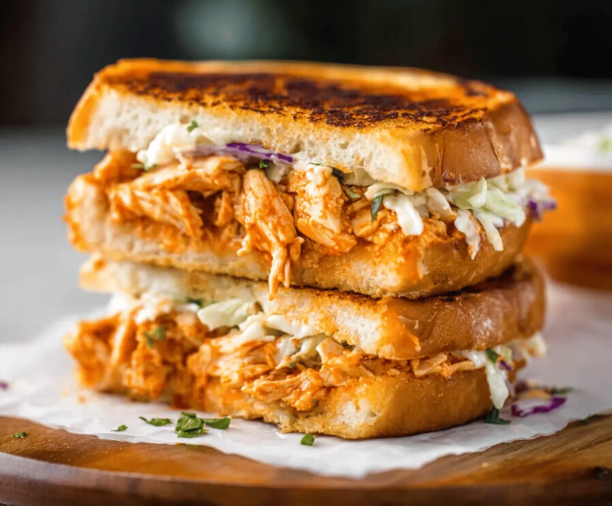 Delicious grilled buffalo chicken sandwiches topped with fresh grinder slaw on a toasted bun, perfect for a flavorful meal
