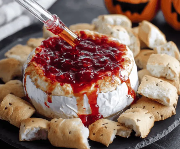 Spooky Halloween Bloody Baked Brie topped with red sauce and creepy garnishes for a festive appetizer