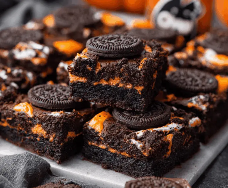 Delicious Halloween Oreo Brownies topped with spooky decorations for a festive treat