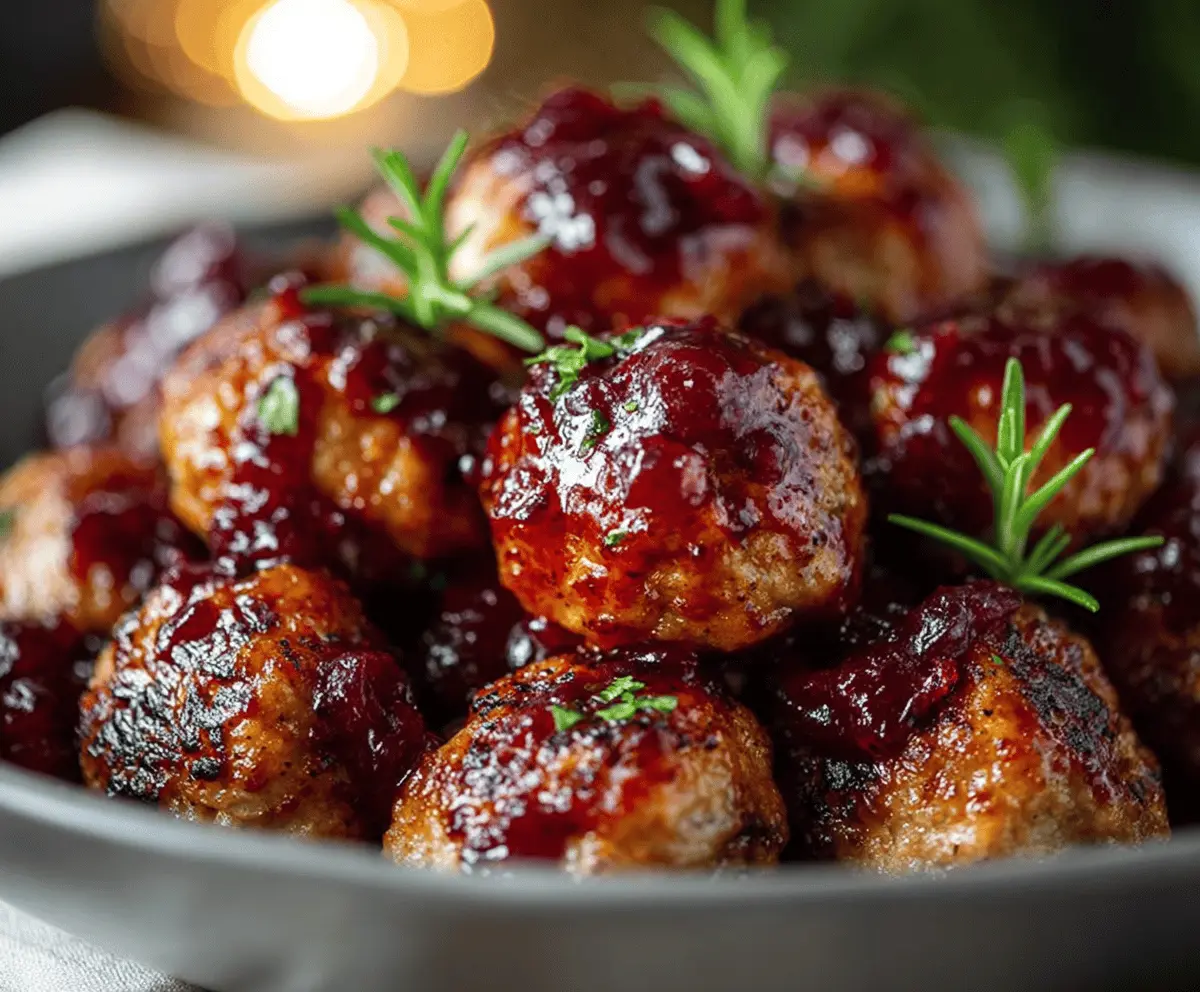 Plate of Harvest Turkey Meatballs glazed with cranberry sauce, garnished with fresh herbs, on a rustic wooden table