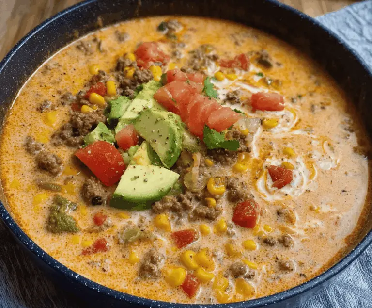 Creamy high-protein taco soup in a bowl with fresh toppings, highlighting a healthy and flavorful meal option