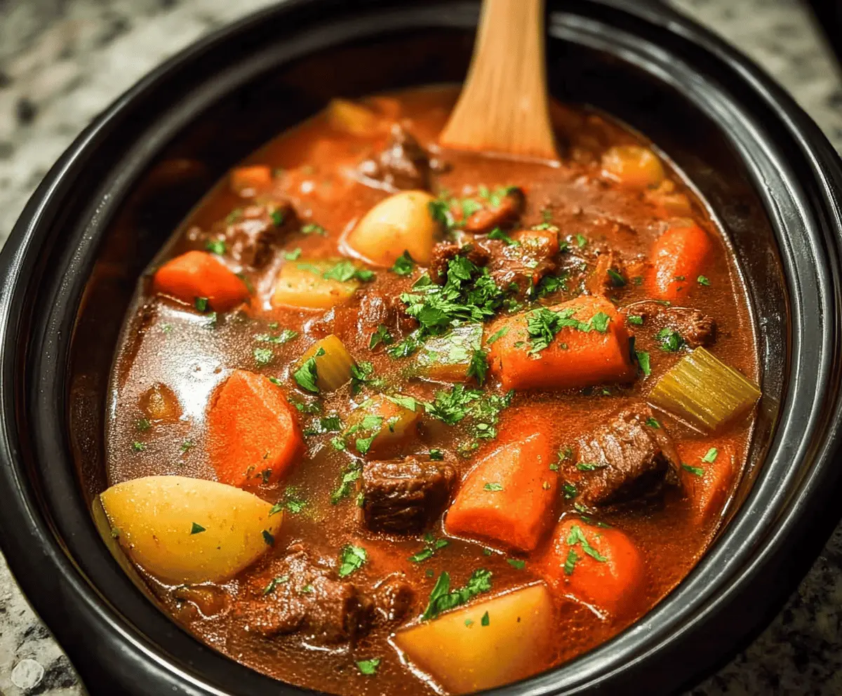 Hearty homemade beef stew with tender beef chunks, vegetables, and savory broth in a rustic bowl.
