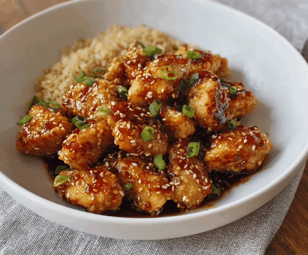Golden honey garlic chicken bites served on a plate with fresh herbs, perfect for a flavorful appetizer or main course