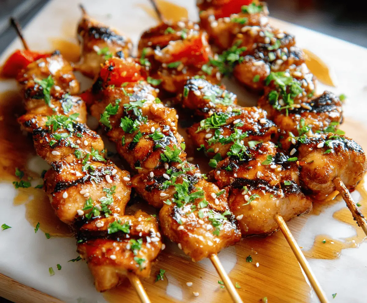 Juicy honey garlic chicken skewers garnished with fresh herbs and served with a side of vegetables, perfect for a flavorful grilled meal