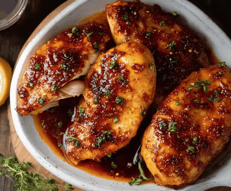 Juicy baked chicken breasts topped with spicy honey glaze, served on a white plate for a flavorful Hot Honey Baked Chicken recipe.