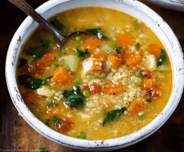 A steaming bowl of Italian Penicillin Soup garnished with fresh herbs, showcasing vibrant vegetables and tender chicken in a hearty, flavorful broth.