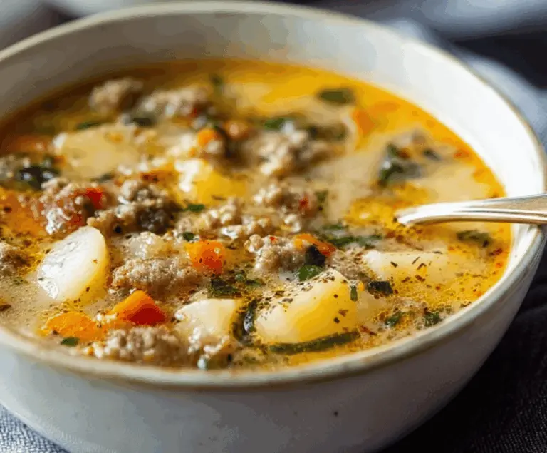 Creamy Italian sausage and potato soup in a bowl garnished with fresh herbs, served with a side of crusty bread